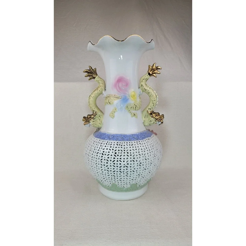 Vintage Large Porcelain Dragon Handle Reticulated Floral Vase Gold‎ Gilt 17 Inch